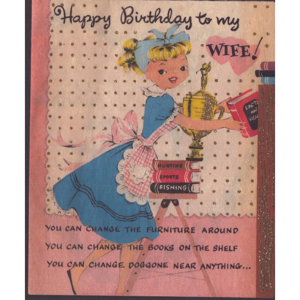 Vintage 1950s Birthday Card Wife Buzza-Cardozo Glitter Mid-Century Used